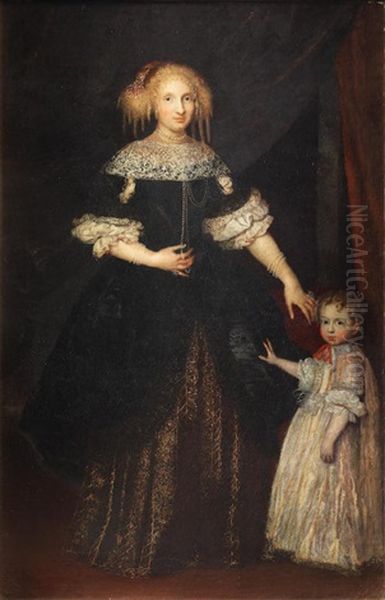 Portrait Of A Lady, Standing Full-length In A Black And Gold-embroidered Dress Beside Her Daughter Oil Painting by Pier Francesco Cittadini