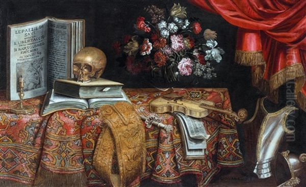 A Vanitas Still Life With Violin (collaboration W/workshop) Oil Painting by Pier Francesco Cittadini