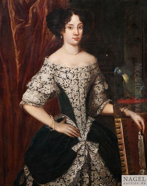 Bildnis Einer Dame In Grunem Samtkleid Mit Spitzenbesatz. Ihr Linker Arm Ruht Auf Einer Stuhllehne, Daneben Ein Papagei Auf Einem Podest Oil Painting by Pier Francesco Cittadini