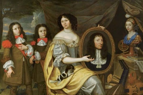 Portrait D'une Femme Tenant Le Portrait En Medaillon De Son Mari, Avec Ses Enfants Oil Painting by Pier Francesco Cittadini