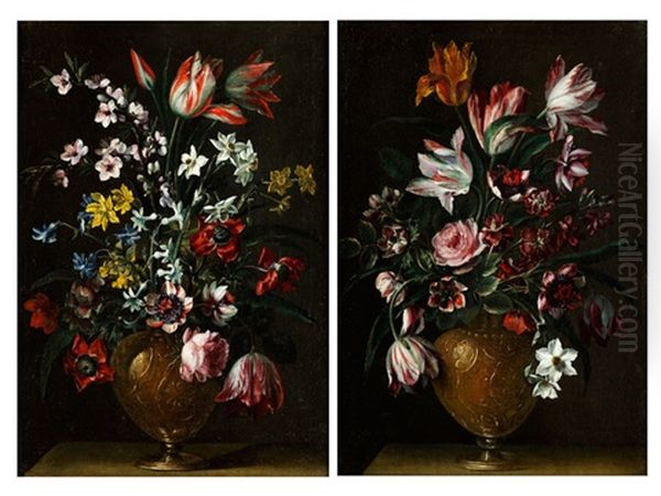 Zwei Stillleben Mit Blumenbouquets In Metallenen Vasen (2 Works) Oil Painting by Pier Francesco Cittadini