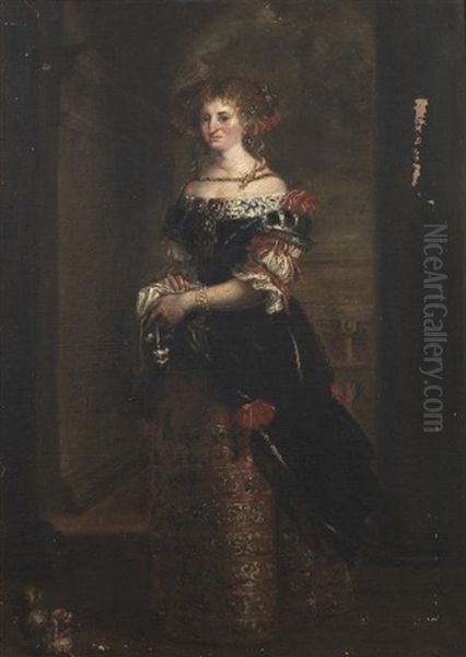 Portrait Of A Lady, Full-length, In An Embroidered Dress, Standing With Her Dog Oil Painting by Pier Francesco Cittadini