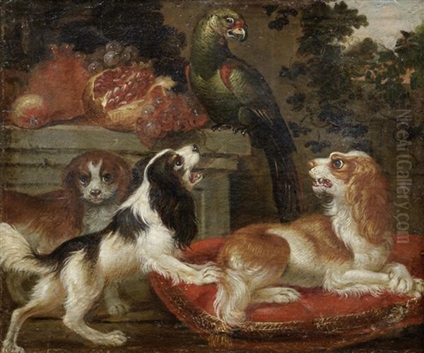 Dogs And A Parrot In A Landscape Oil Painting by Pier Francesco Cittadini