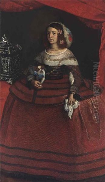 Portrait Of A Lady, Standing Full-length, In A Red And Black Dress With A White Collar, Holding A Kerchief And Spaniel, At A Draped Table With A Casket Oil Painting by Pier Francesco Cittadini