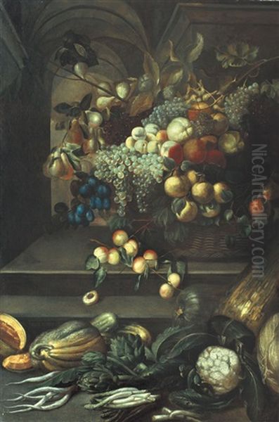 Natura Morta Con Frutta E Ortaggi In Uno Sfondo Architettonico Oil Painting by Pier Francesco Cittadini