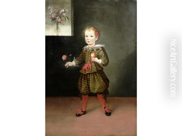 Portrait Of A Boy, Full-length, In A Green Doublet And Hose, Holding A Rose And An Apple Oil Painting by Pier Francesco Cittadini