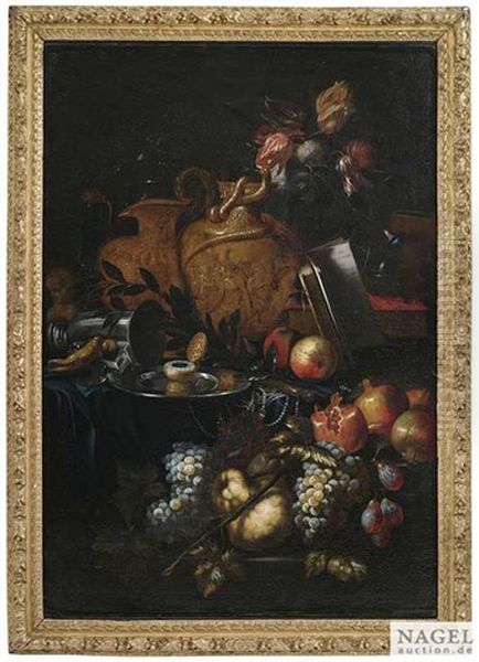 Vanitasstilleben Mit Fruchten, Uhr, Gesturztem Becher, Buch, Totenschadel Und Reliefierten Schenkkannen Oil Painting by Pier Francesco Cittadini