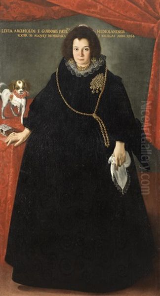 Portrait Of A Lady, Full-length, In A Black Dress With A Gold Chain And Brooch, A White Handkerchief In Her Left Hand, Standing Beside A Lap Dog And A Sliver-bound Prayer Book On A Table Draped With A Red Cloth Oil Painting by Pier Francesco Cittadini