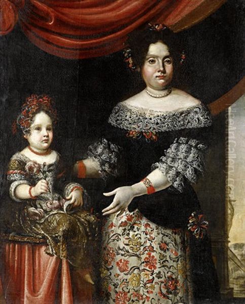 Portrait Of A Lady In An Embroidered Dress, Standing Before A Curtain With An Italianate Garden Beyond, Her Daughter Sitting On A Table Beside Her Oil Painting by Pier Francesco Cittadini