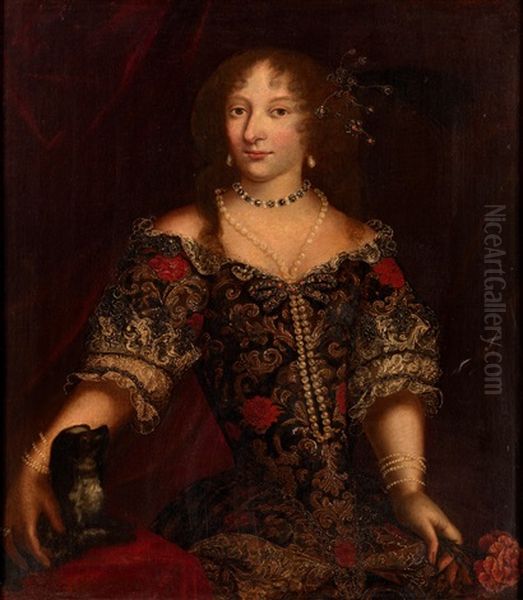 Portrait Of A Noble Lady (princess Henrietta Of England?), In A Blue Embroidered Dress With Pearl Ear Pendants, A Dog By Her Side Oil Painting by Pier Francesco Cittadini