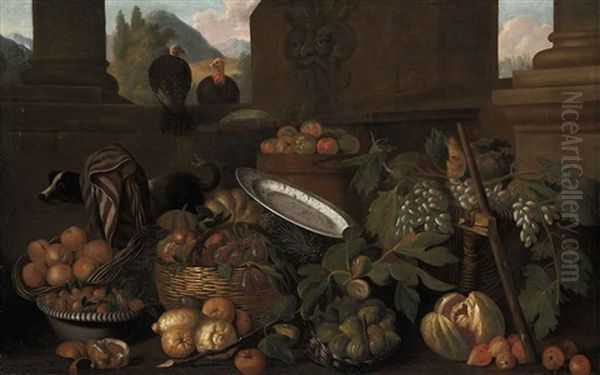 Peaches, Pears, Apples, Lemons, Figs And Grapes, In Baskets, With A Dog And Two Turkeys, In A Classical Architectural Setting, A Landscape Beyond Oil Painting by Pier Francesco Cittadini