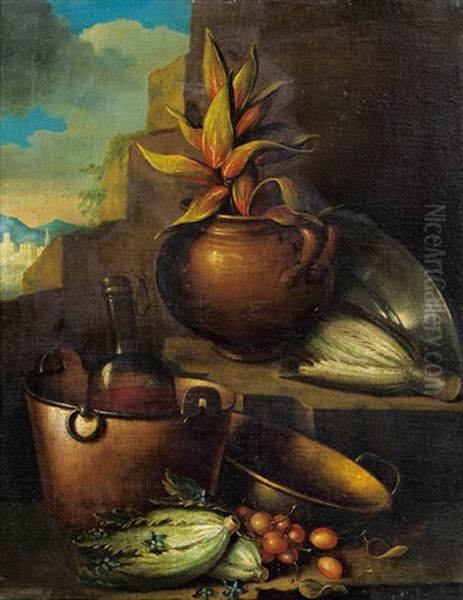 Stillleben Mit Pflanze, Obst, Gemuse, Weinflasche Und Gefasen Vor Einem Landschaftsausblick Oil Painting by Pier Francesco Cittadini