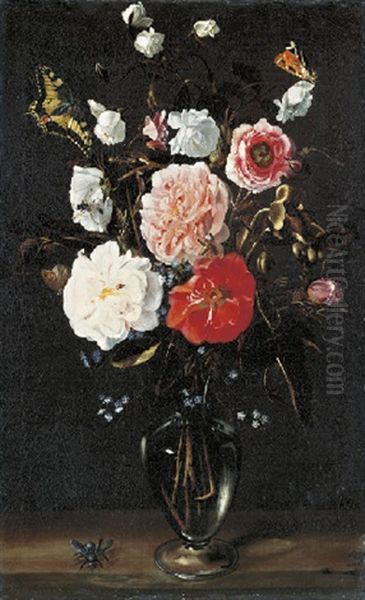 Roses And Forget-me-nots In A Glass Vase With Butterflies And A Beetle On A Wooden Ledge Oil Painting by Pier Francesco Cittadini