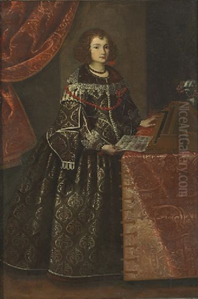 Portrait Of A Lady In A Black Dress And Red Necklace, Playing The Harpsichord Oil Painting by Pier Francesco Cittadini