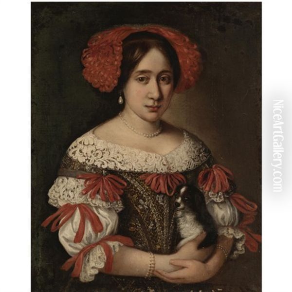 Portrait Of A Lady Wearing An Elaborately Embroidered Dress With Red Ribbons And A Red Ribboned Headdress And Holding A Dog Oil Painting by Pier Francesco Cittadini