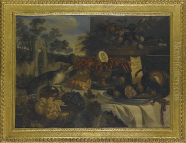 Vaso Di Pesche E Prugne, Alzata Con Gamberi E Limoni, Bacile Con Uva E Vino, Piatto Con Salume E Fichi, Una Zucca E Un Gatto Oil Painting by Pier Francesco Cittadini