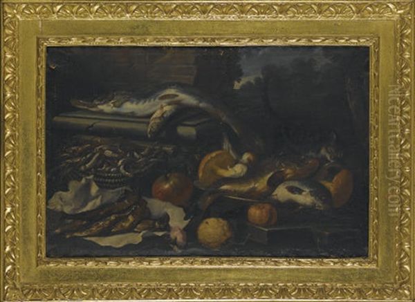 Luccio, Triglie, Melograno, Funghi, Un Gatto E Una Rosa Oil Painting by Pier Francesco Cittadini