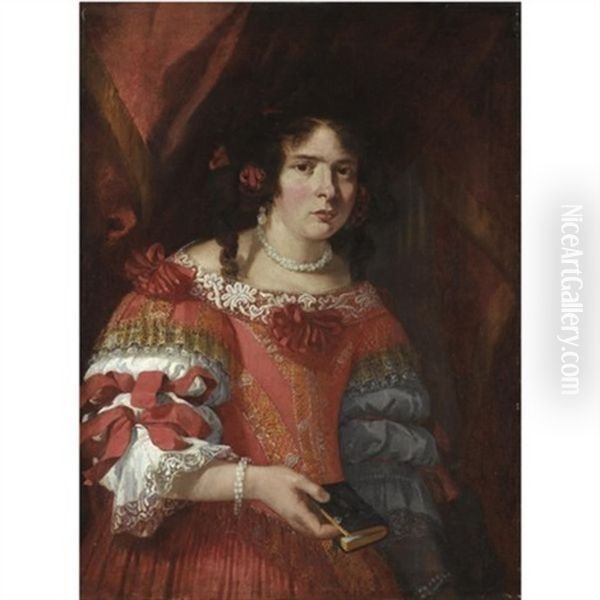 Portrait Of A Young Lady, Three-quarter Length, Wearing An Elaborate Red And White Lace Dress Oil Painting by Pier Francesco Cittadini