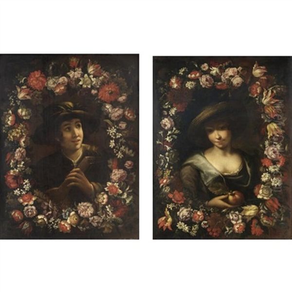 Ghirlanda Di Fiori Con Suonatore (+ Ghirlanda Di Fiori Con Contadina; Pair) Oil Painting by Pier Francesco Cittadini