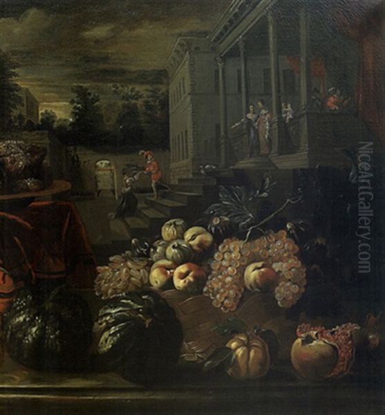 Nature Morte Au Tapis Rouge Et Aux Fruits Devant Un Palais Oil Painting by Pier Francesco Cittadini