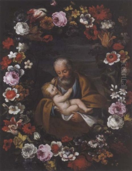 Der Heilige Josef Im Blumenkranz (ghirlanda Florale Con San Giuseppe Col Gesu Bambino) Oil Painting by Pier Francesco Cittadini