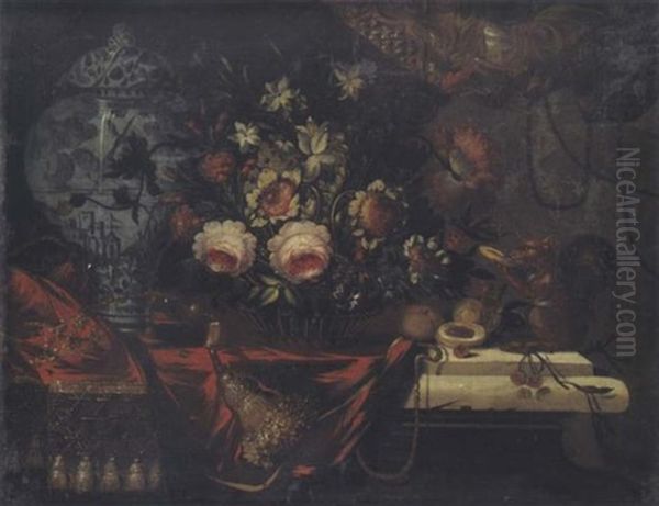 Nature Morte Au Panier De Fleurs, Vase De Delft Et Ecureuil Sur Un Entablement Oil Painting by Pier Francesco Cittadini