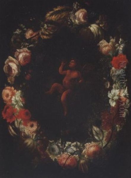 A Garland Of Flowers Surrounding A Putto Blowing Bubbles Oil Painting by Pier Francesco Cittadini