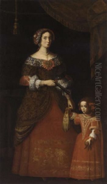 Double Portrait Of A Lady And Her Daughter In Red Embroidered Dresses, A Green Curtain Above Oil Painting by Pier Francesco Cittadini