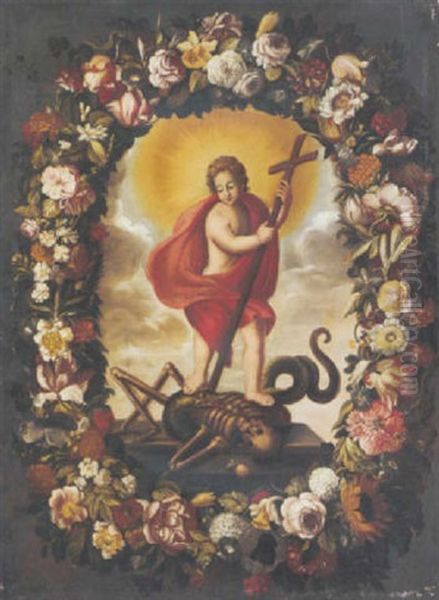 A Floral Garland Surrounding A Cartouche Of Christ Triumphant Over Sin by Pier Francesco Cittadini