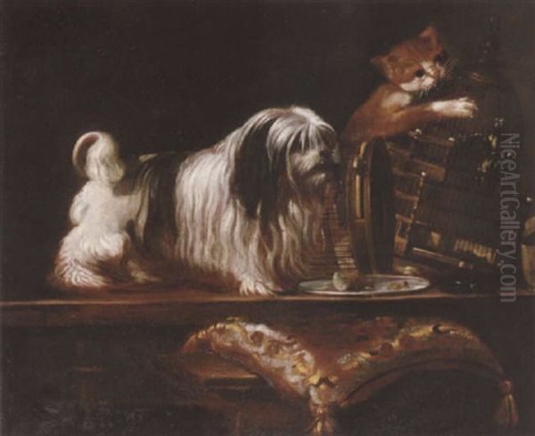 A Maltese Terrier With A Cat Attacking A Caged Bird And A Tambourine On A Wooden Table Beside A Cushion On A Stool Oil Painting by Pier Francesco Cittadini