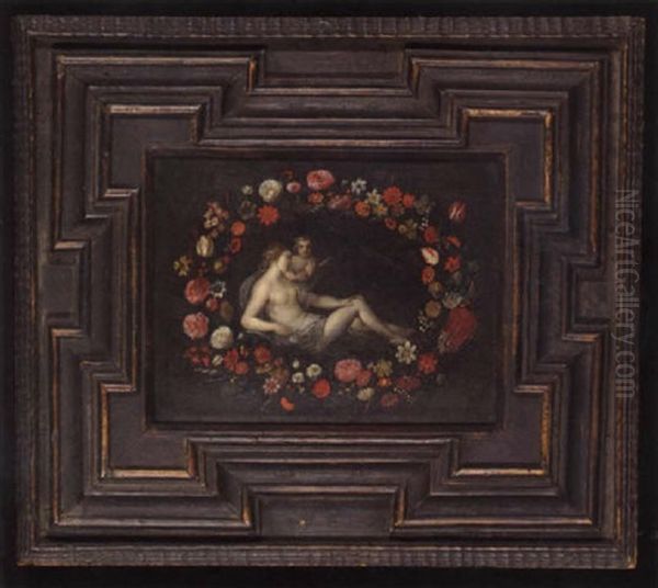 Venus And Cupid Within A Floral Garland Oil Painting by Pier Francesco Cittadini