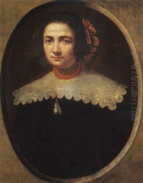 Ritratto Femminile In Abito Nero, Colletto Di Merletto, Collana Rossa E Acconciatura Con Fiocchi Oil Painting by Pier Francesco Cittadini