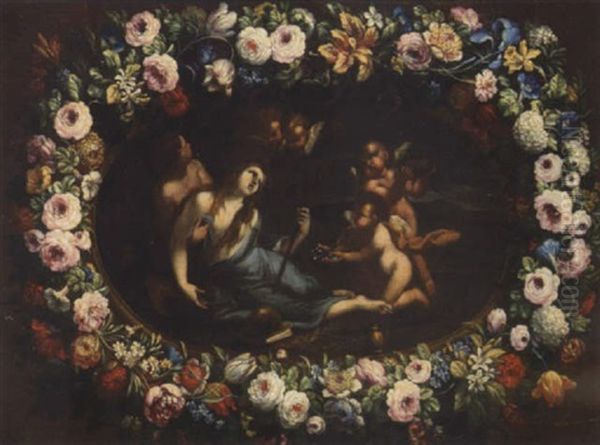 The Penitent Magdalene Presented With The Instruments Of The Passion By Angels, Within A Garland Of Flowers Oil Painting by Pier Francesco Cittadini