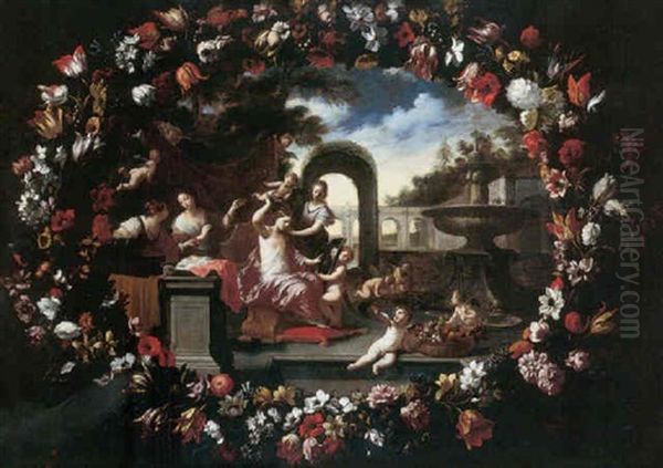 A Garland Of Flowers, Surrounding A Scene Illustrating The Toilet Of Venus Oil Painting by Pier Francesco Cittadini