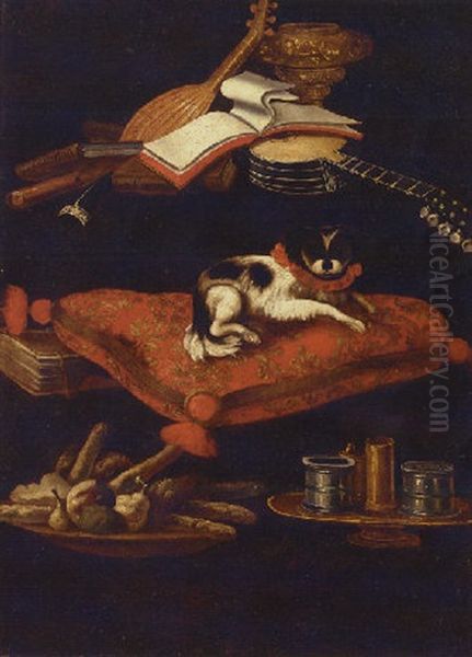 A Spaniel On An Embroidered Cushion With A Plate Of Sweetmeats, Condiments, Books And Musical Instruments Oil Painting by Pier Francesco Cittadini