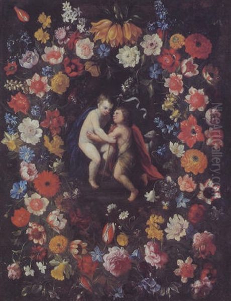 Ghirlanda Di Fiori Con Il Gesu Bambino E San Giovannino Oil Painting by Pier Francesco Cittadini