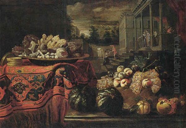 Still Life Of Glaciered Fruit On A Table With An Oriental Carpet, A Wicker Basket Of Fresh Fruit On A Table Nearby And A Country Villa With Figures Beyond Oil Painting by Pier Francesco Cittadini