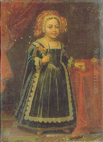 Portrait Of A Young Girl Wearing A Lace-trimmed Dress, An Elaborate Head-dress, Holding A Tulip In Her Right Hand Standing In An Interior Oil Painting by Pier Francesco Cittadini