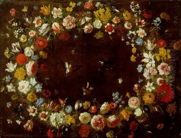 A Garland Of Flowers With Goldfinches, A Kingfisher And A Butterfly Oil Painting by Pier Francesco Cittadini