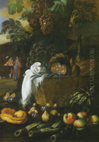 Una Cesta Da Merenda Con Fichi, Uva E Altri Frutti, En Plain Air, Sullo Sfondo Una Copia In Abito Galante Oil Painting by Pier Francesco Cittadini