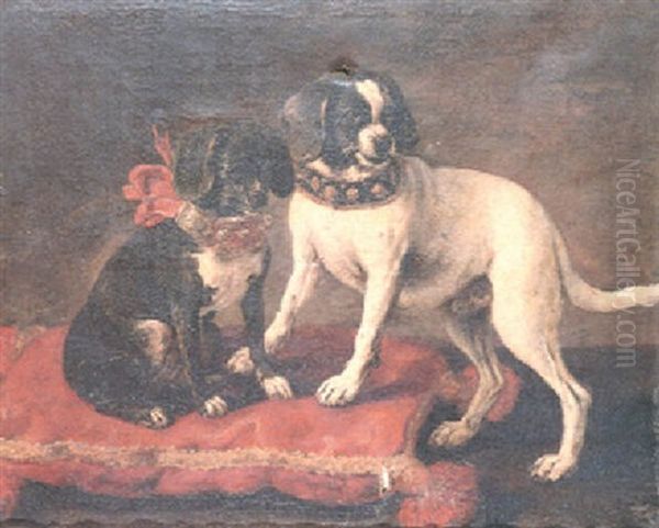 Two Spaniels On A Red Velvet Cushion In An Interior by Pier Francesco Cittadini