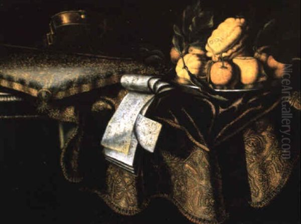 Nature Morte Aux Citrons, Coings, Partition Et Violon Sur Un Tapis Oil Painting by Pier Francesco Cittadini