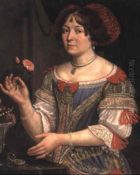 Portrait Of A Lady In A Blue And Red Dress Oil Painting by Pier Francesco Cittadini