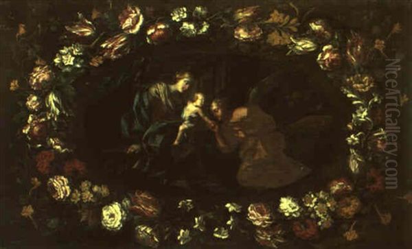 The Madonna And Child With An Angel Surrounded By A Garland Of Flowers by Pier Francesco Cittadini