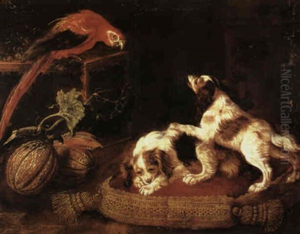 Two Spaniels Upon A Gold Brocaded Cushion One Barking At A  Macaw Parrot Perched On A Table Beside Some Melons Oil Painting by Pier Francesco Cittadini