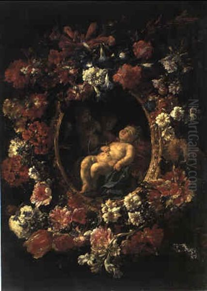 Ghirlanda Di Fiori Con Ges- Bambino Dormiente Oil Painting by Pier Francesco Cittadini