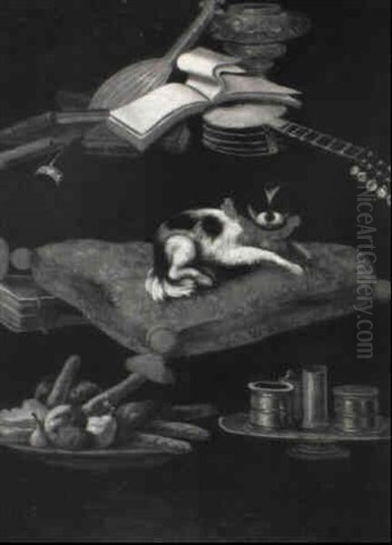 A Spaniel On An Embroidered Cushion With A Plate Of         Sweetmeats, Condiments, Books And Musical Instruments Oil Painting by Pier Francesco Cittadini