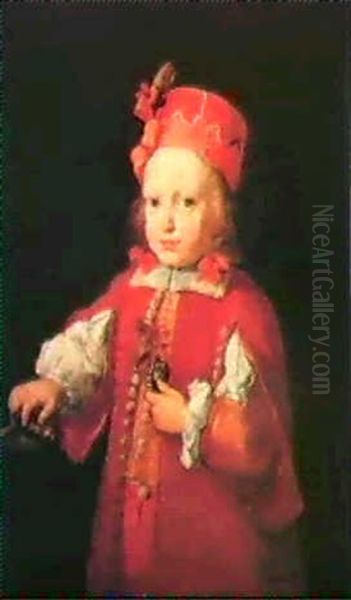 Portrait Of A Boy, Half Lengthwearing A Red Tunic With      Slashed Sleeves And A Red Cap,with A Dagger On A Table Oil Painting by Pier Francesco Cittadini