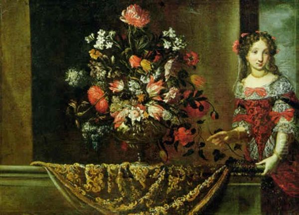 A Young Lady Standing Beside A Table With A Large Vase Of   Flowers Draped With A Brocade Cloth Oil Painting by Pier Francesco Cittadini