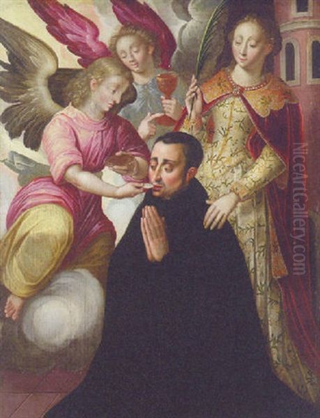 A Male Saint Receiving Communion From Angels With Saint Barbara Oil Painting by Jan Claeissens